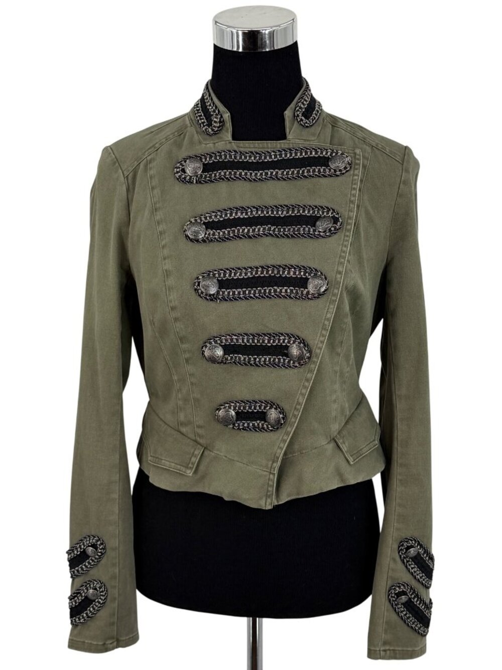 Free People Green Embellished Asymmetrical Cropped Military Band Jacket 6 Boho